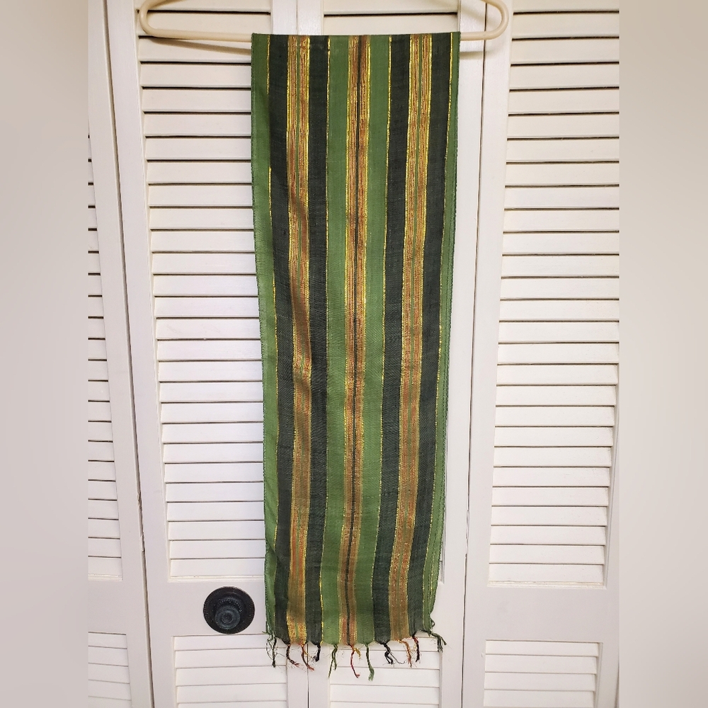 Muted Green and Gold Striped Scarf with Tassels 60 inches long